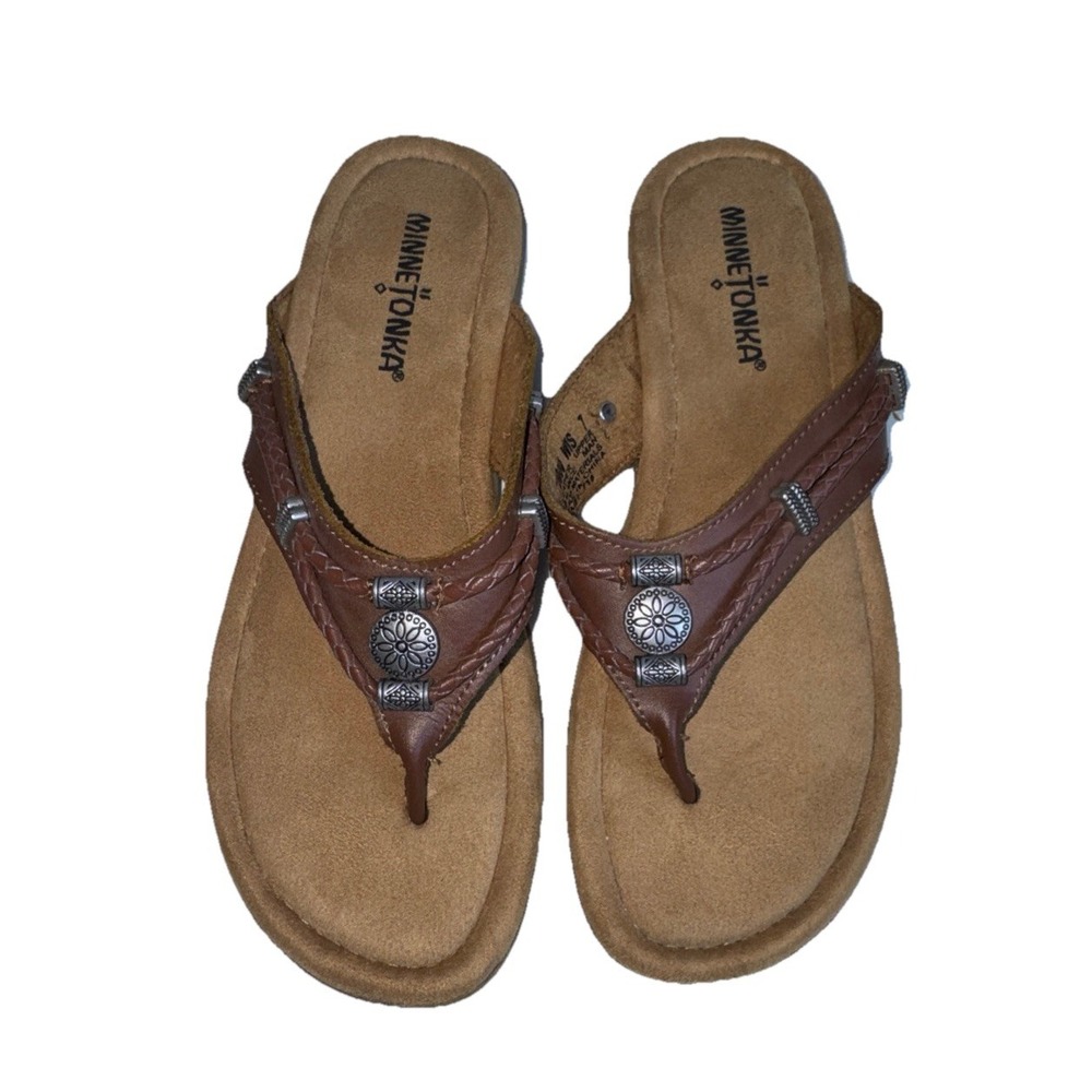 Minnetonka Women's Leather Thong Sandals Southwest/Native 360 Comfort Size 7 EUC